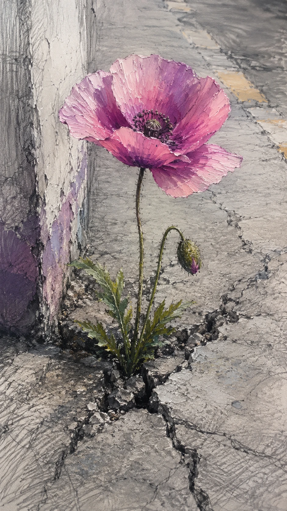 Pink poppy blooming through cracks in gray concrete