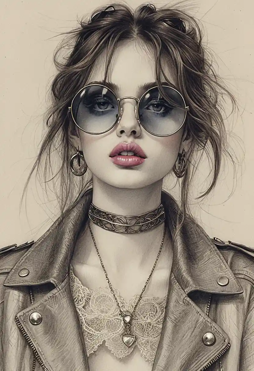 Pencil portrait of a girl in sunglasses and hoop earrings