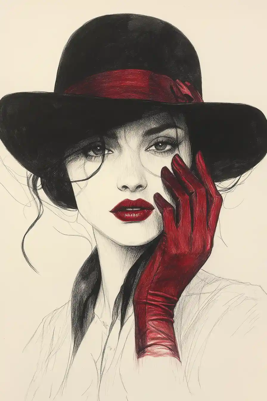 Woman in bowler hat with red glove masking one eye