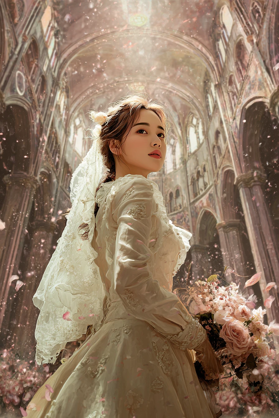 Romantic fantasy book cover with bridal cathedral mood