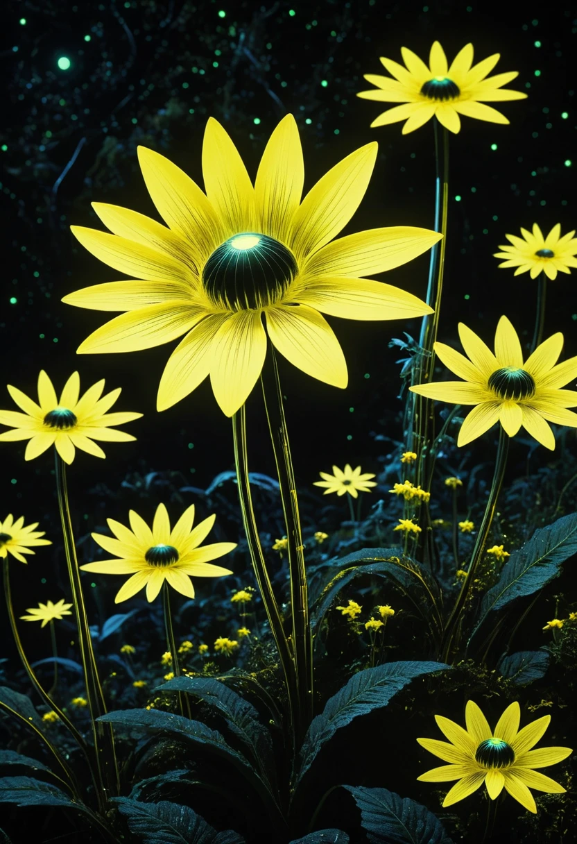 Futuristic Yellow Starflowers Amid Dense Sci Fi Vegetation