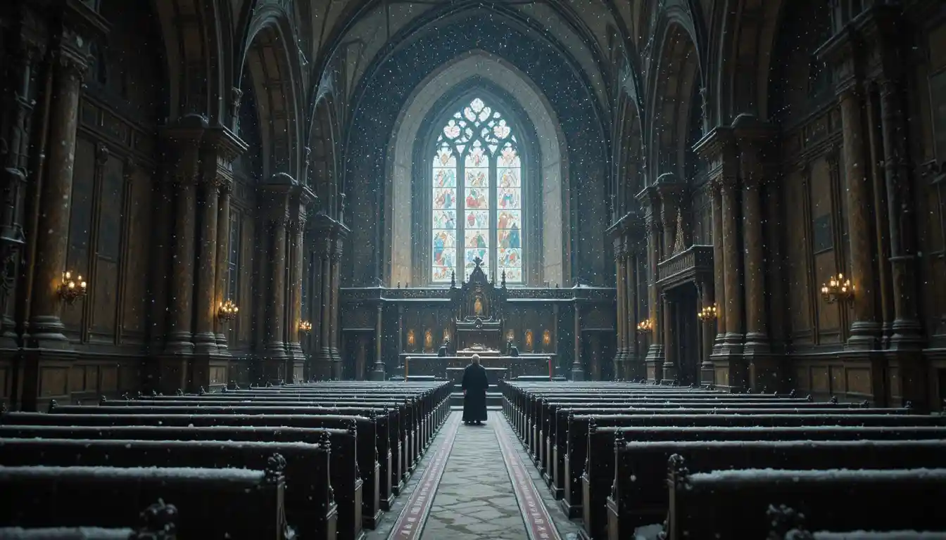 Heating technician inspecting frozen pipes inside a cold church