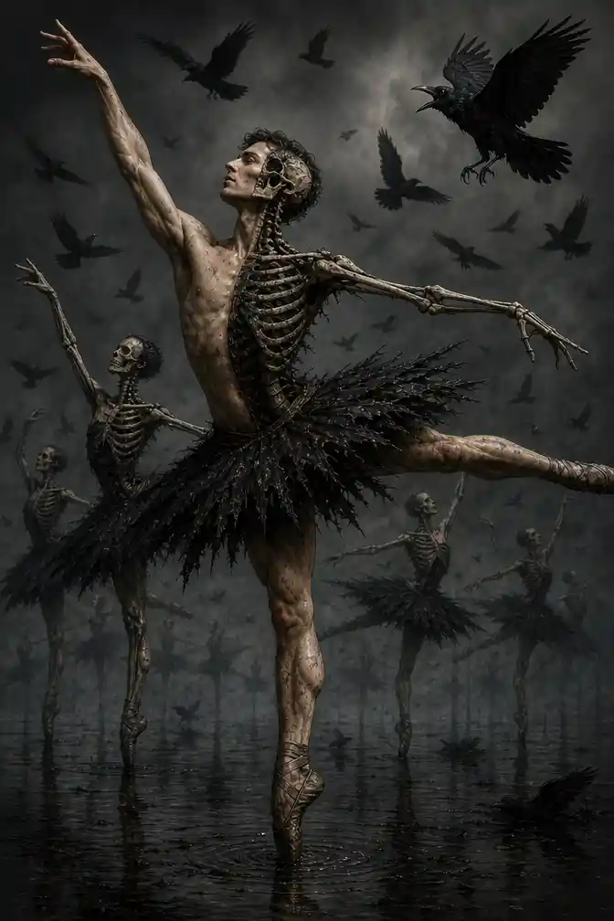 Surreal skeletal ballet dancer in a dark crow filled stage