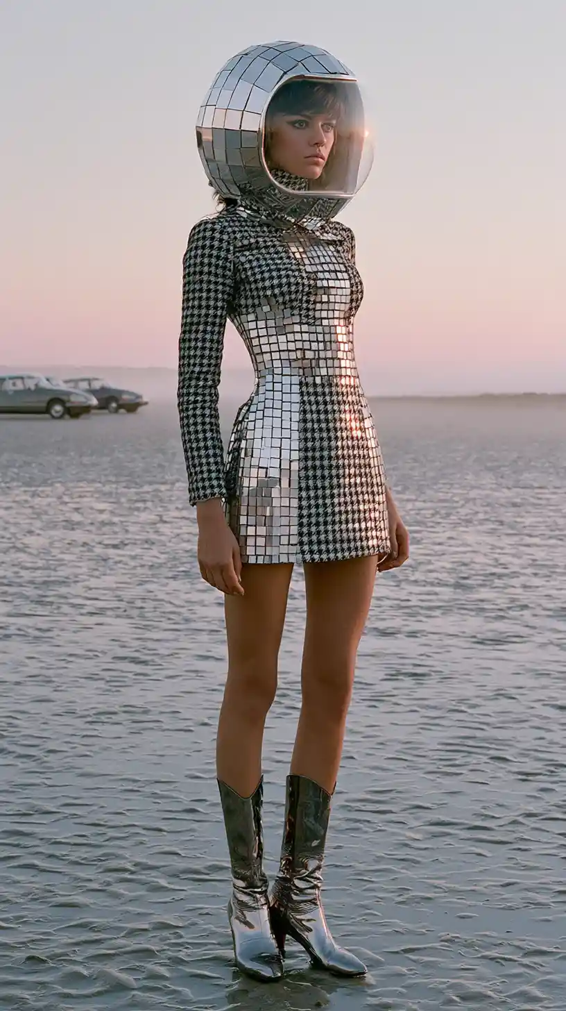 Surreal fashion model in mirrored dress on misty coast
