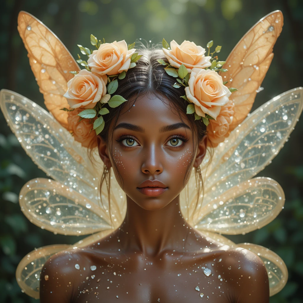 Brown skinned fairy woman with green eyes and crystal face