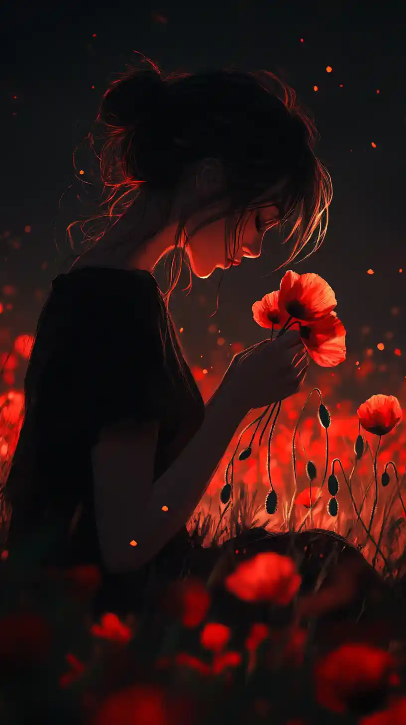 Anime girl holding red poppies in a night flower field