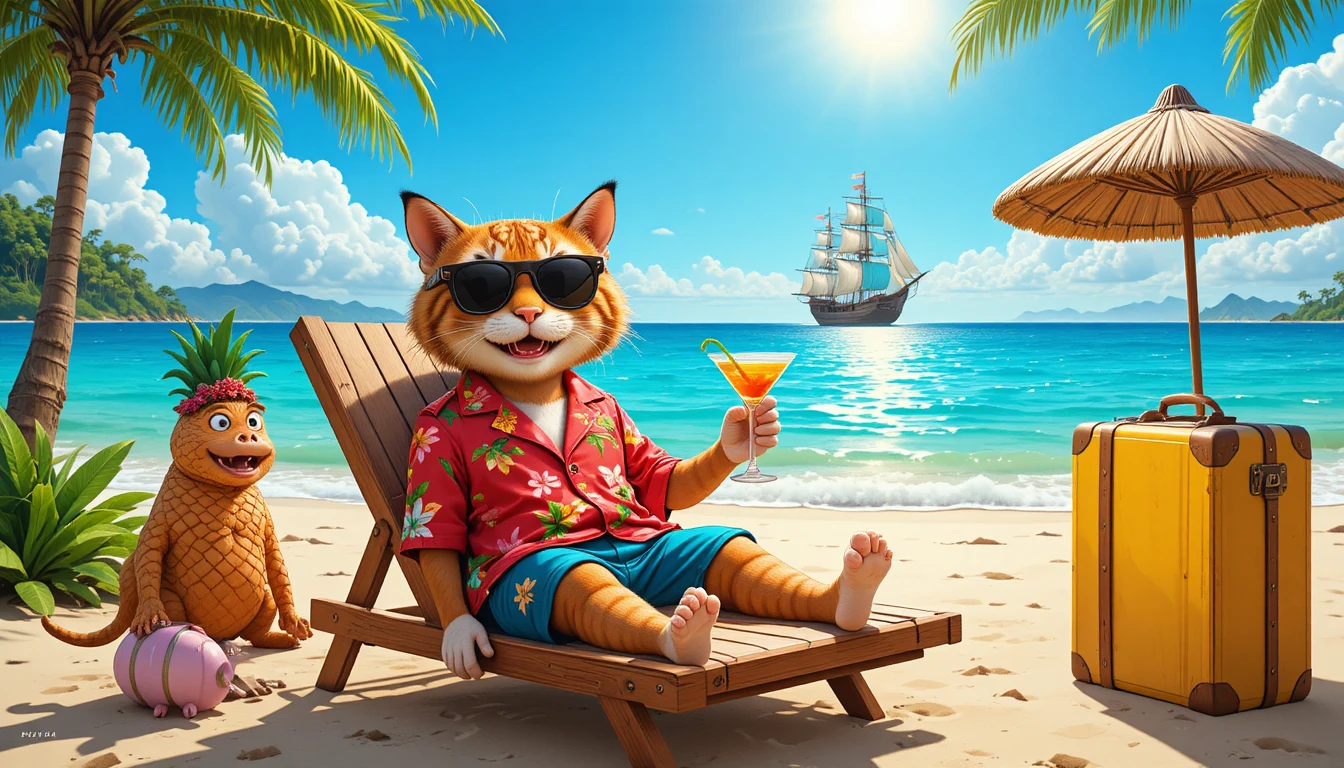 Cool tropical cat relaxing on a sunny fantasy beach
