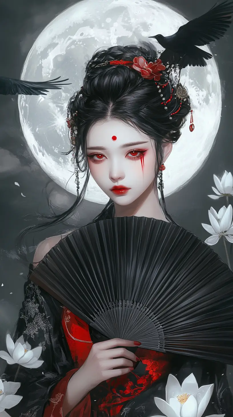 Mystical anime woman with fan under moonlit sky
