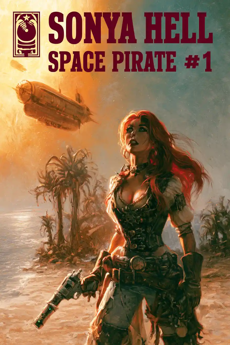 Red haired space pirate woman on an alien beach