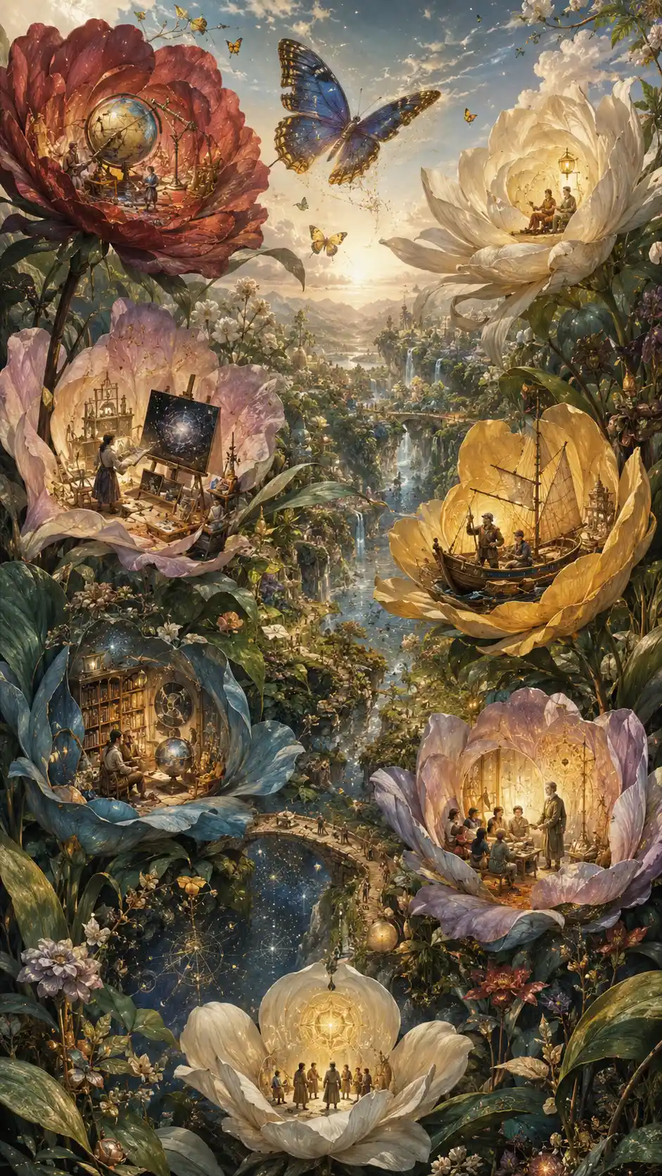 Santuario botanico di fiori simbolici in un giardino fantasy surreale