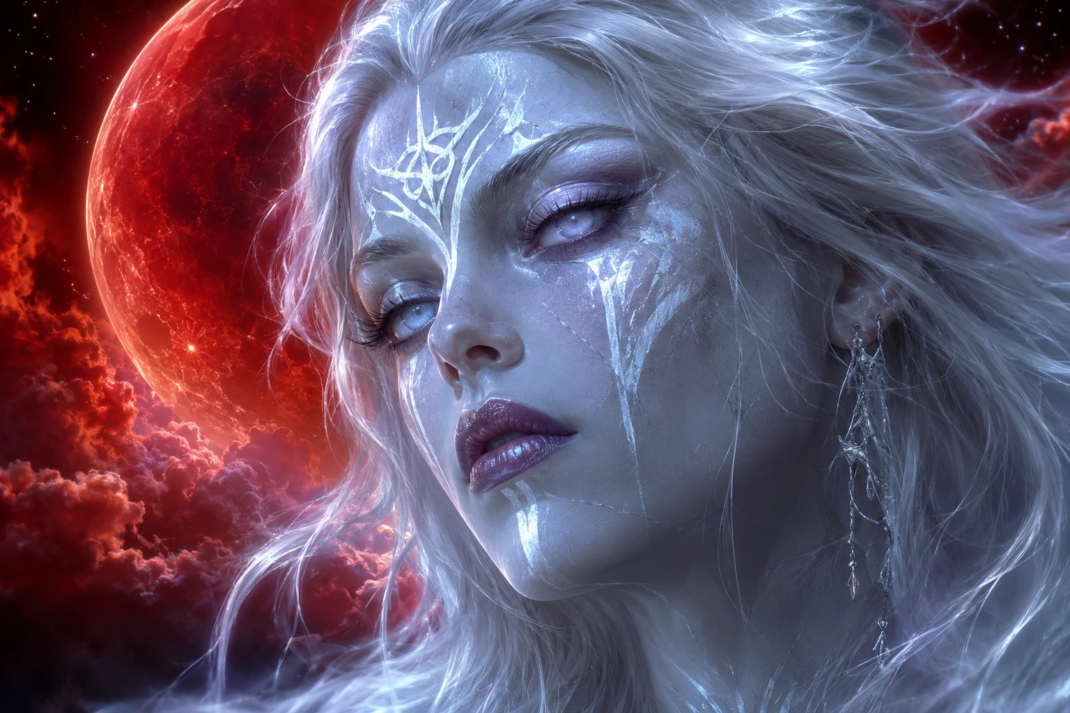 Ghostly woman before a luminous blood moon sky