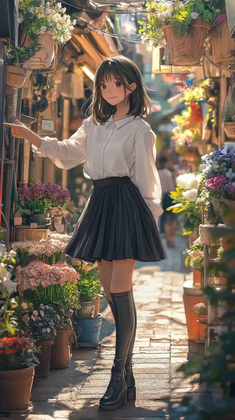 Anime girl smiling in a sunlit European flower alley