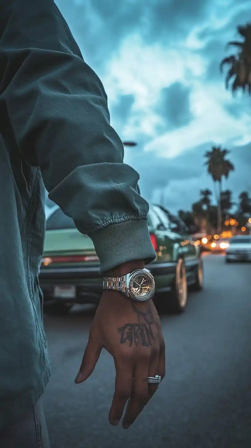 Luxury car detail with focus on wrist and footwear