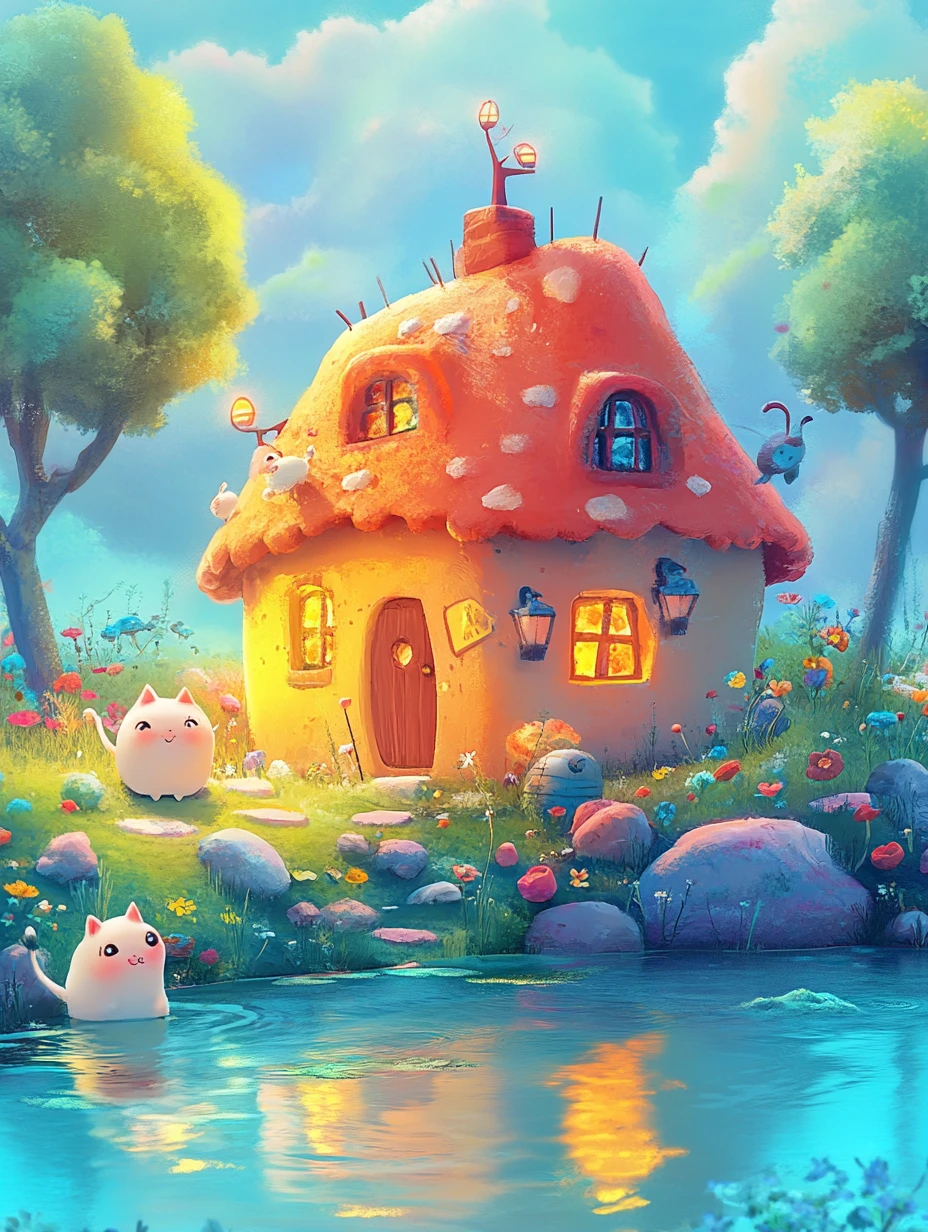 Whimsical childrens storybook illustration in bright pastel anime style