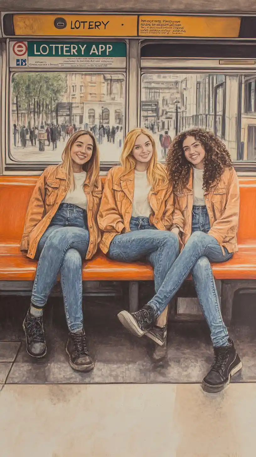 Three smiling young women on an orange subway bench