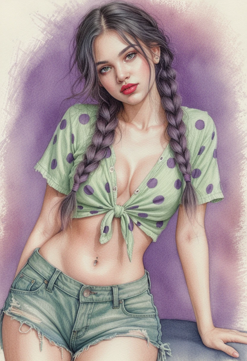 Colored pencil portrait of a girl with braided dark hair