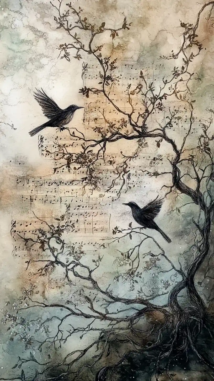Enchanted forest of musical branches and glowing leaves