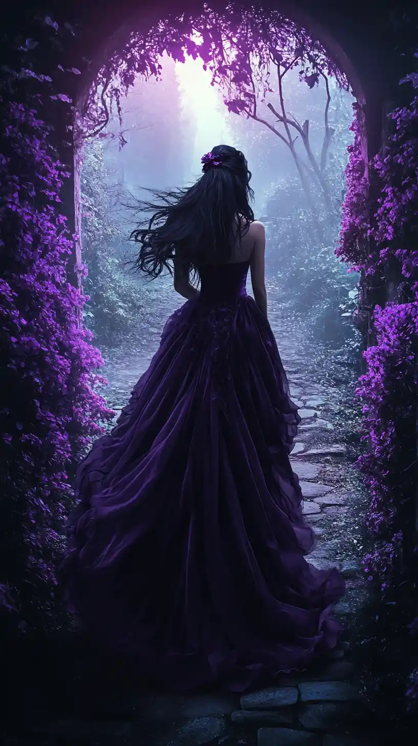 Mystic woman in violet gown on a glowing stone path
