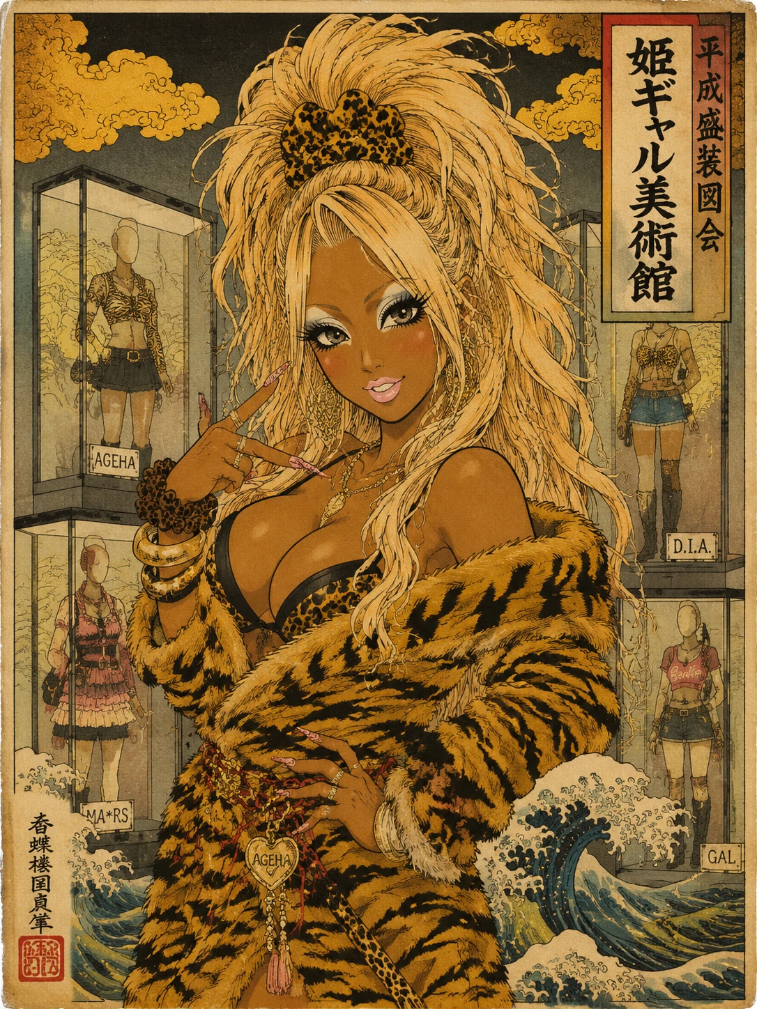 Estampa ukiyo-e de audaz mujer japonesa a la moda en un museo