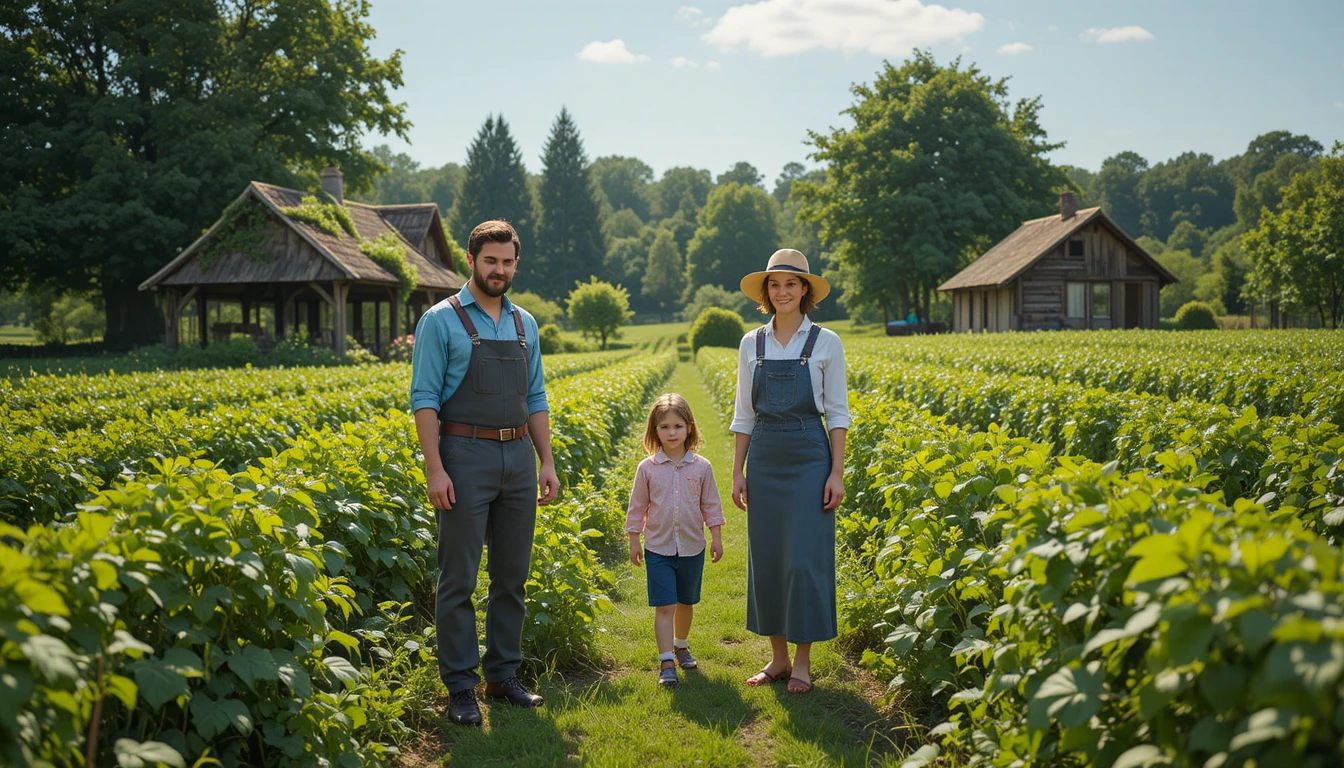 Parisian family visiting a countryside farm on vacation