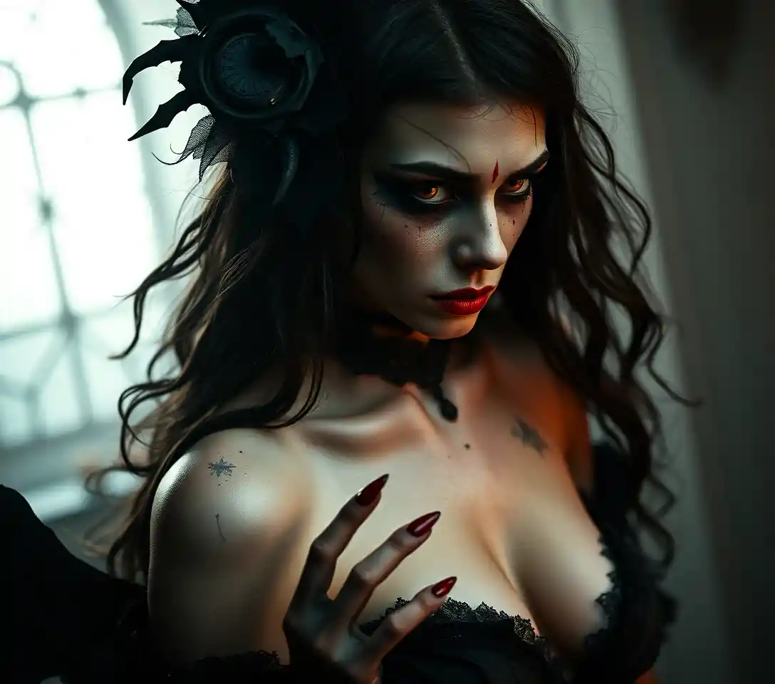 Surreal gothic portrait of the dark one in melancholic allure