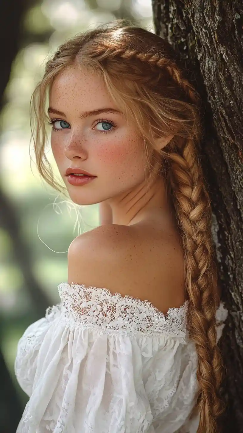 Blonde girl in white dress by a forest tree