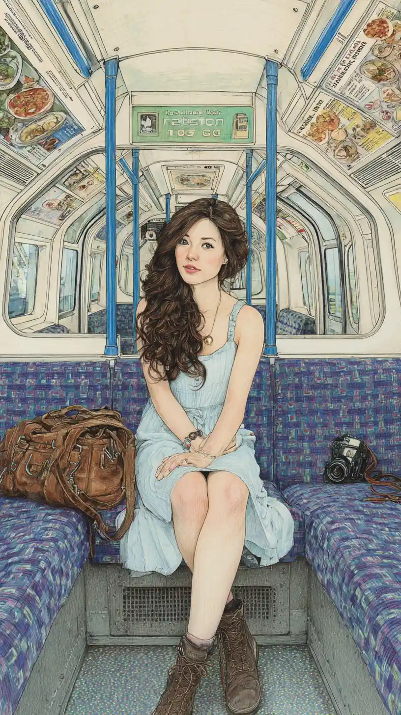Young woman on London Underground seat in pencil illustration