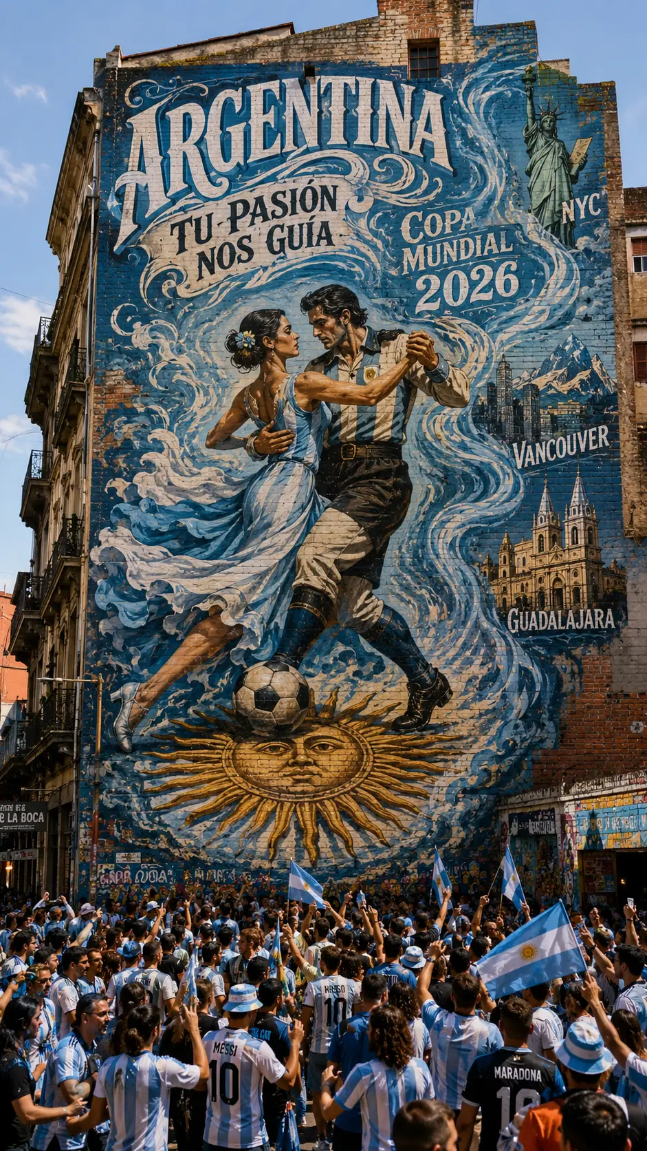 Massive Buenos Aires football mural with celebrating fans