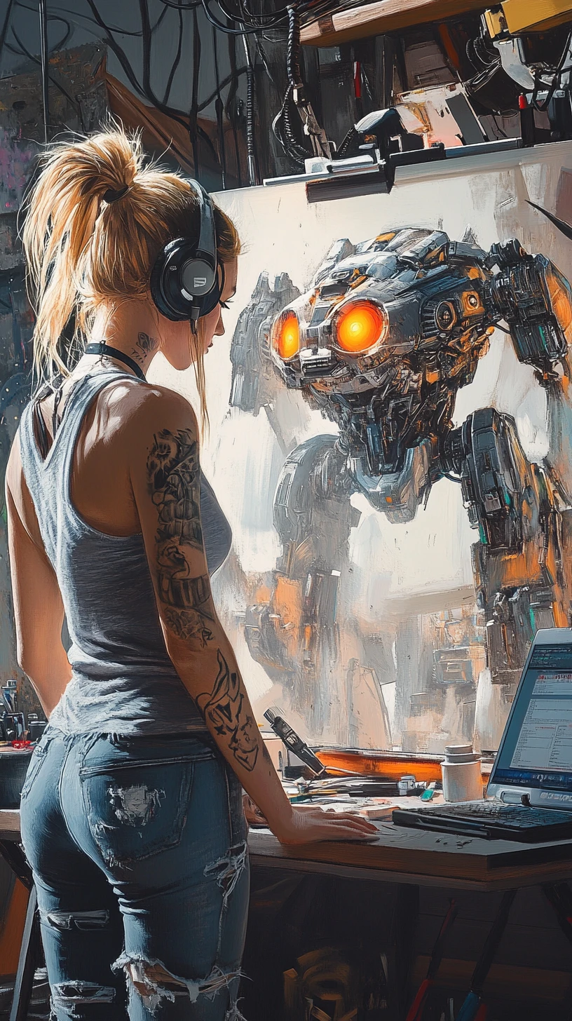 Donna tatuata che dipinge un robot metallico in studio