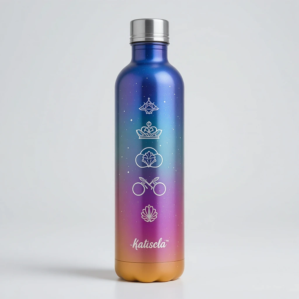 Custom Owala water bottle with minimalist metallic icon design