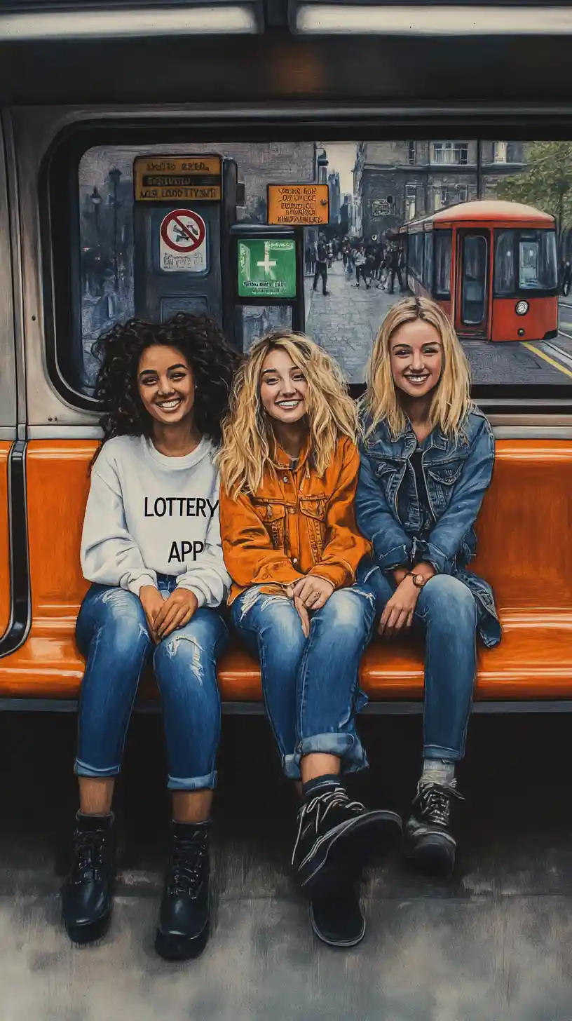 Three smiling young women on an orange subway bench