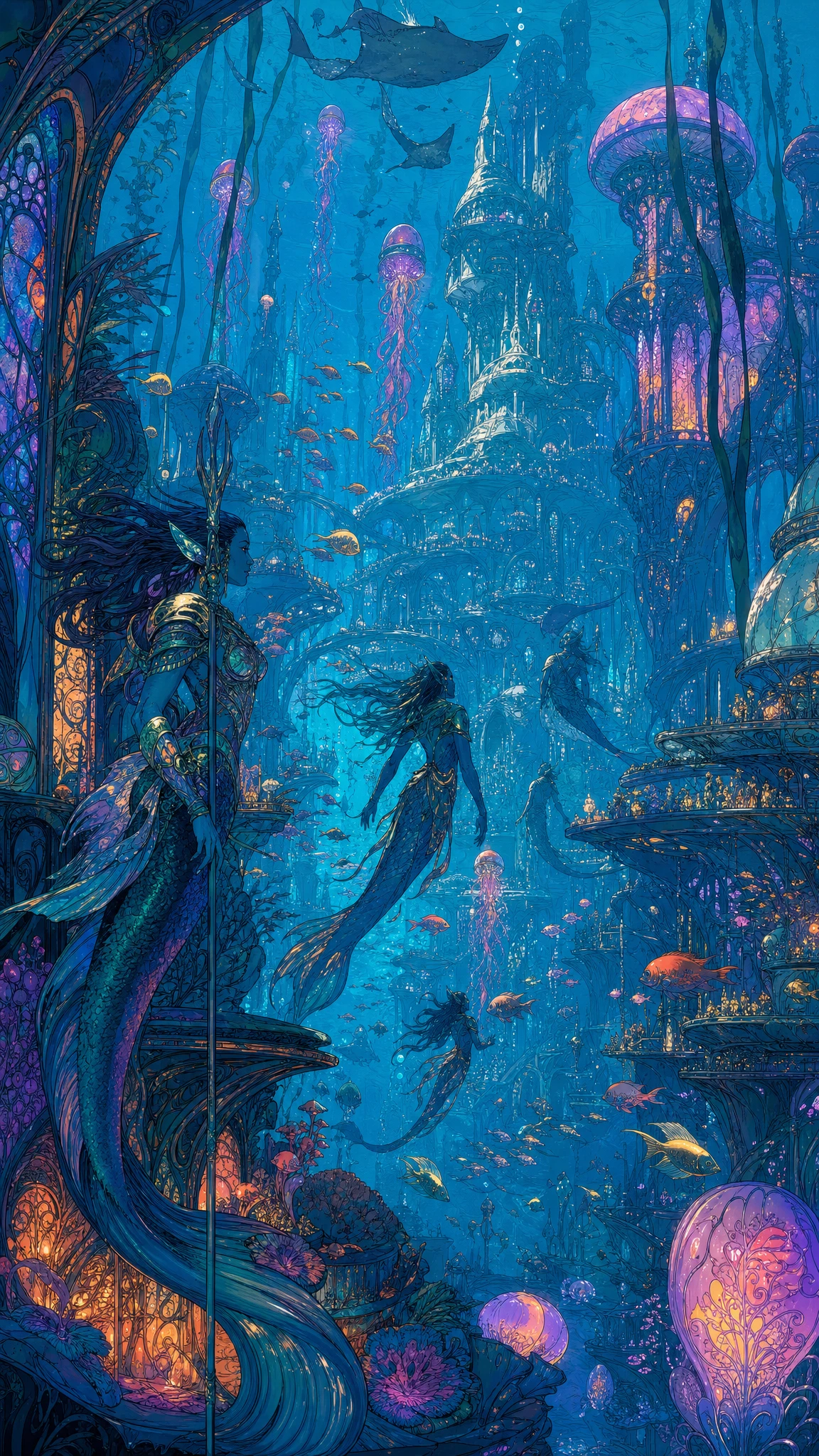 Vibrant underwater city with merfolk and glowing sea life