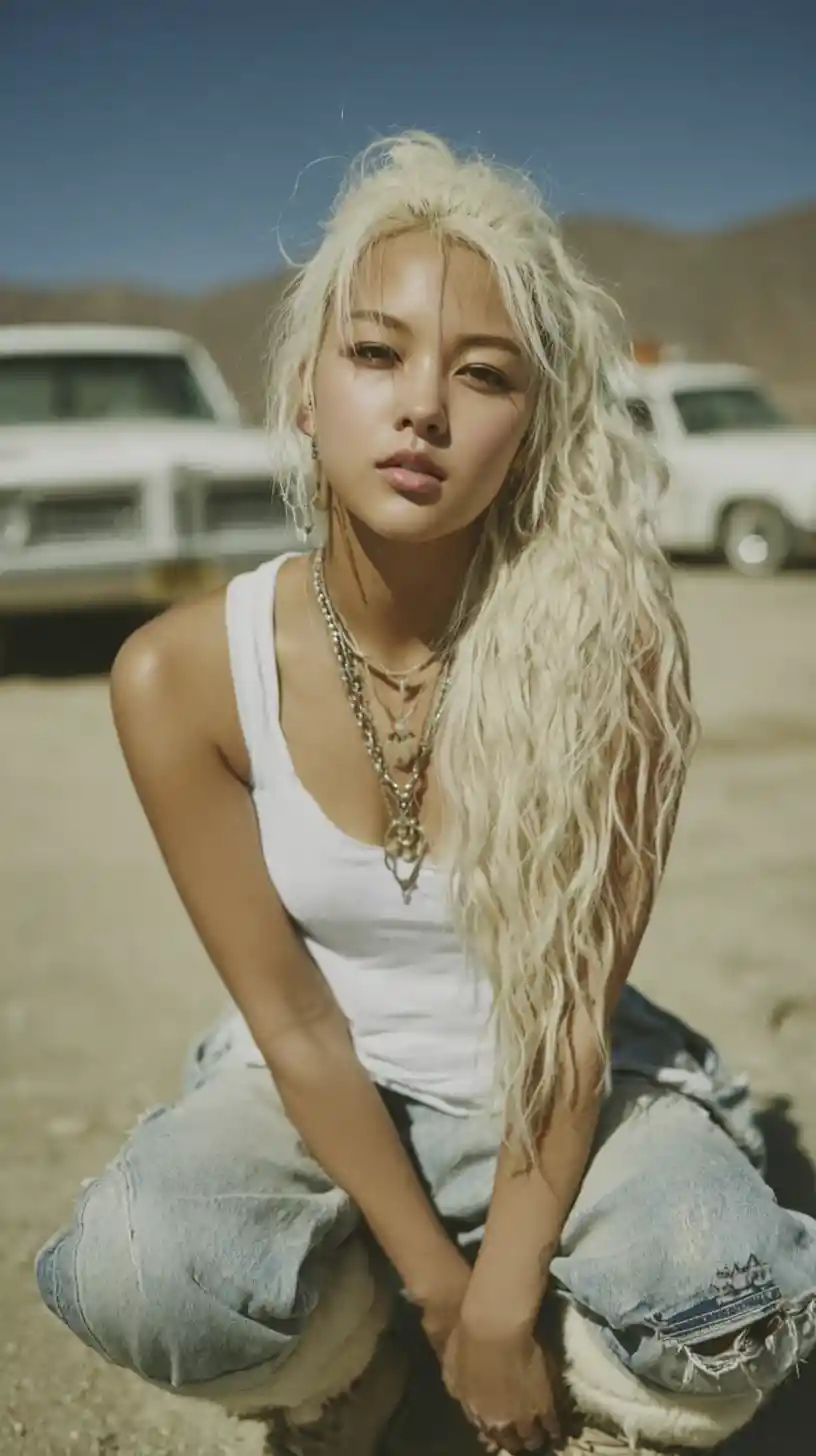 Korean blonde fashion idol standing by vintage car in desert