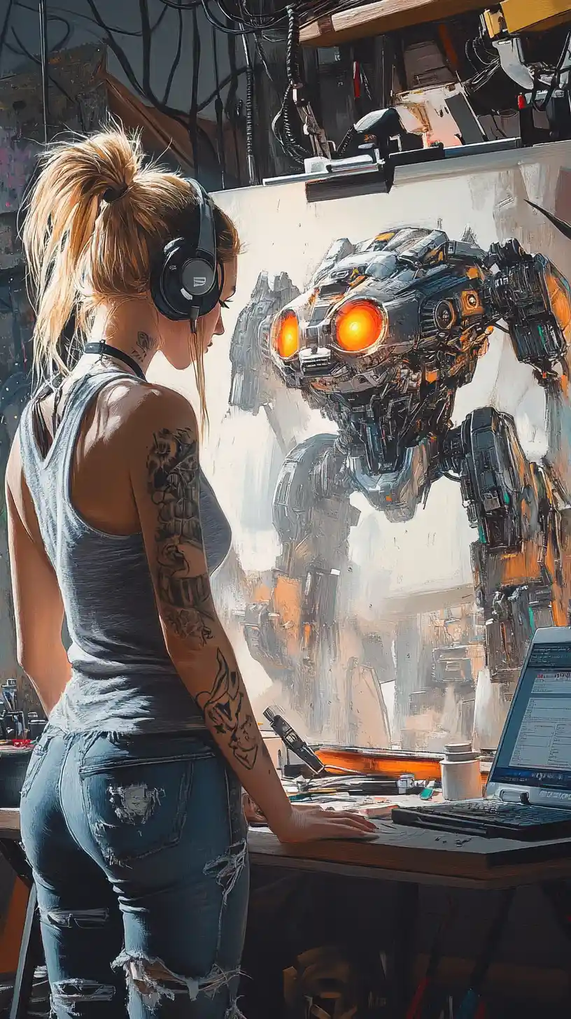 Tattooed woman painting a metallic robot in studio