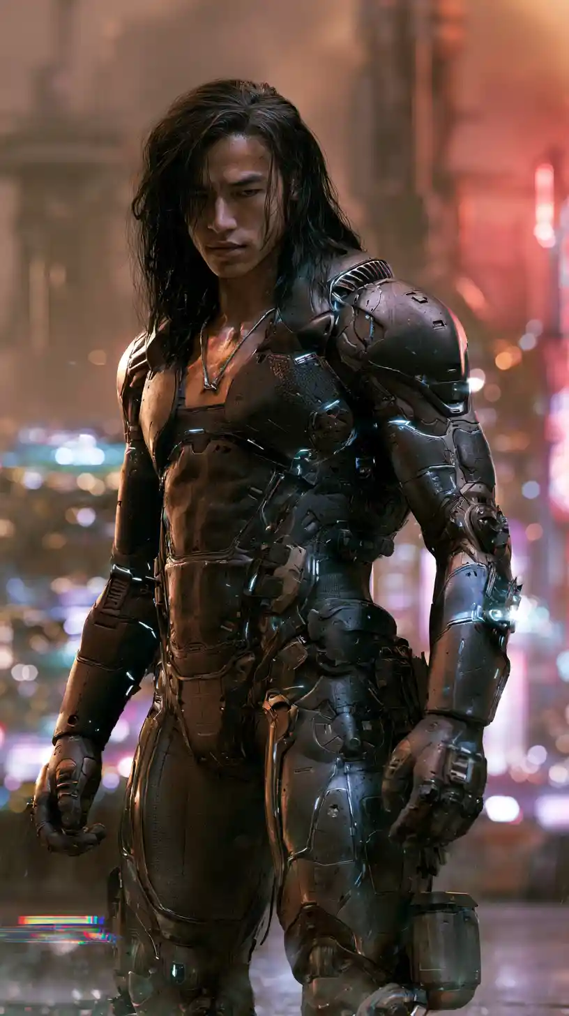 Full body portrait of a young sci fi warrior