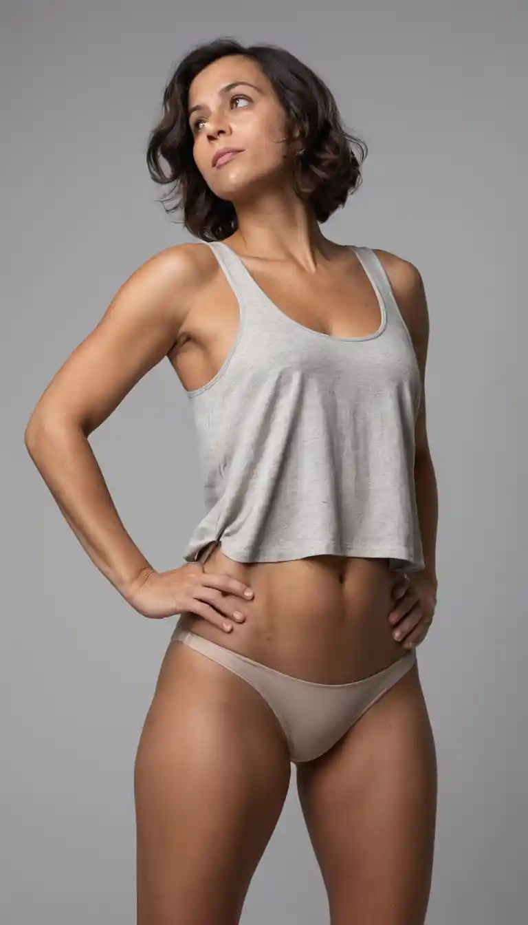 Low angle view of woman in tank top and panties