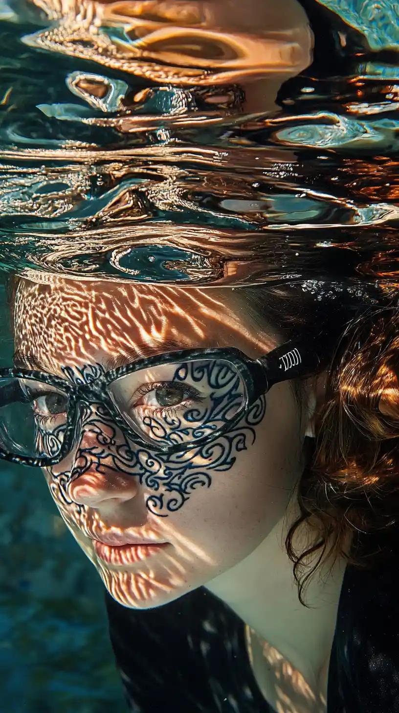 Tattooed woman swimming through shimmering underwater sunlight