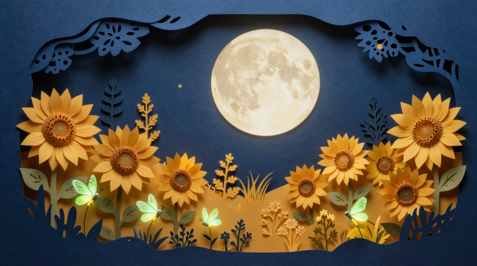 Magical paper garden with moonlit sunflowers and fireflies