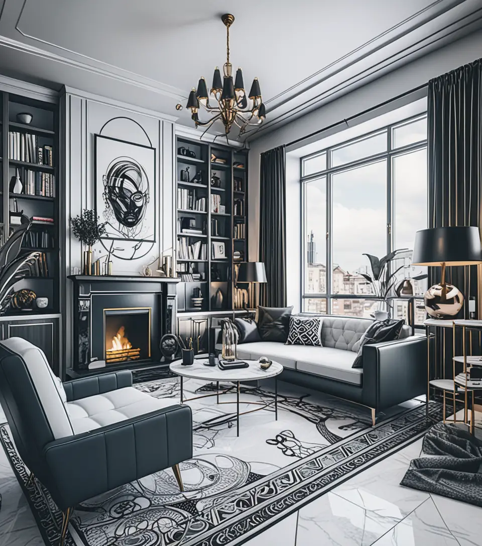 Moody eclectic 3D interior room with witchy maximalist decor