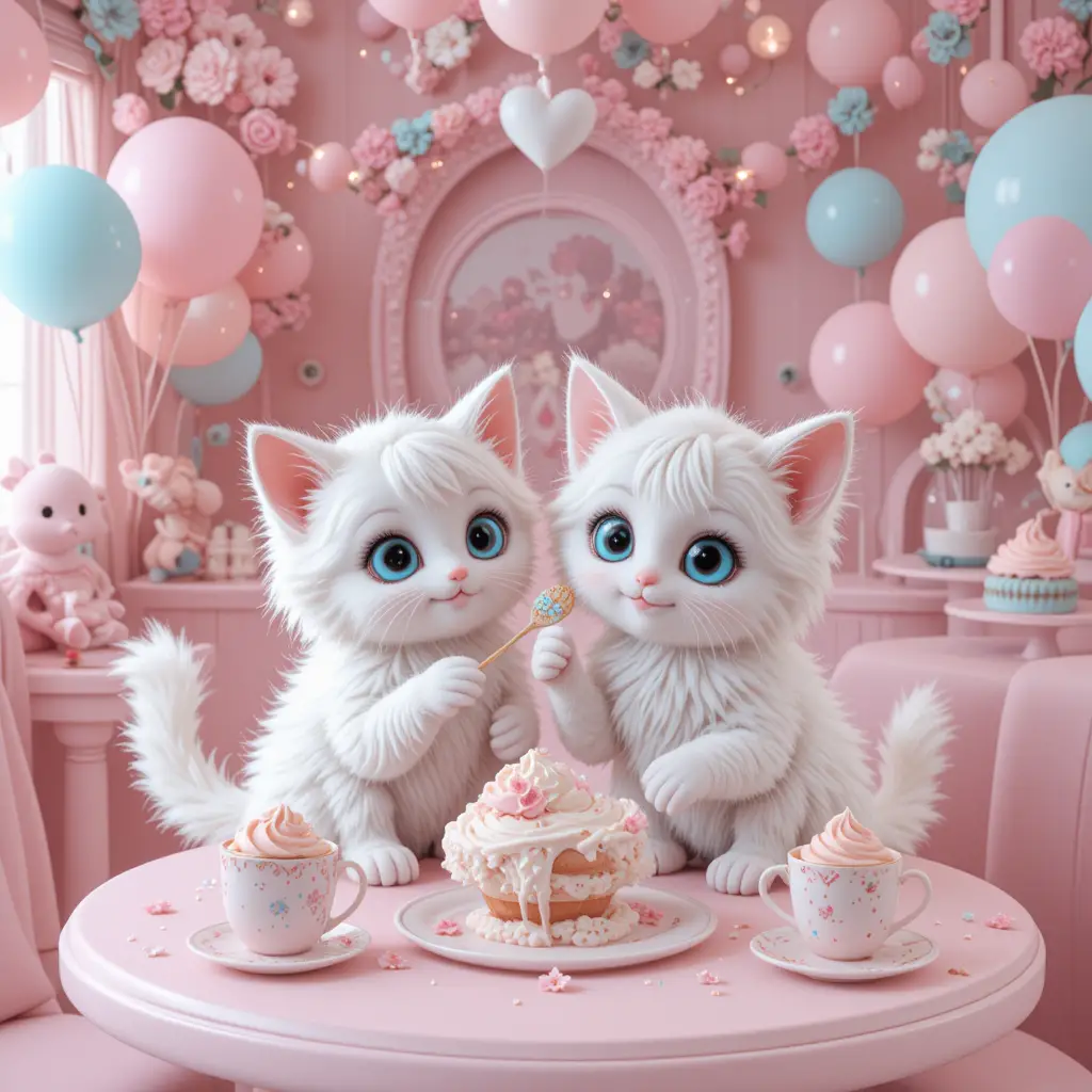Two fluffy white kittens in a pastel kawaii cafe