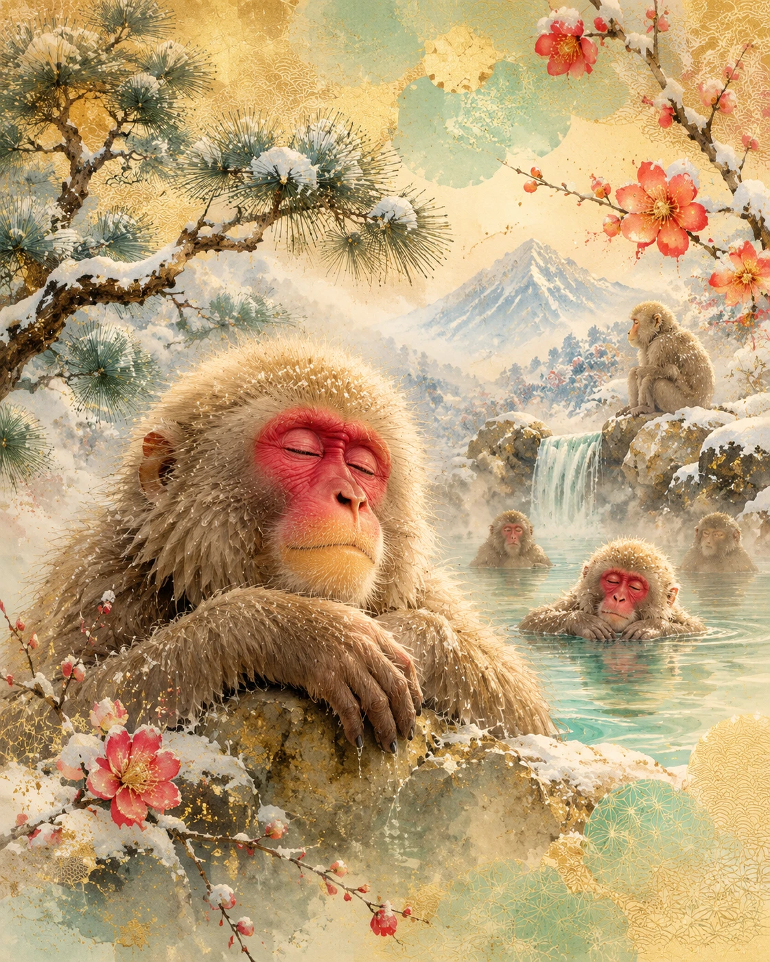 Snow monkeys relaxing in a Japanese hot spring close up