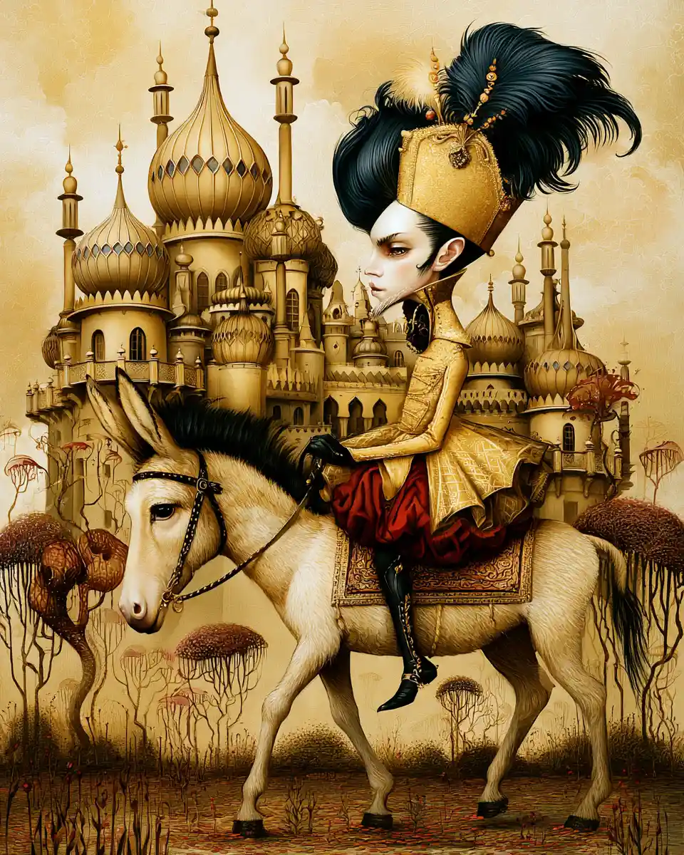 Funny king riding a donkey leaving a grand palace