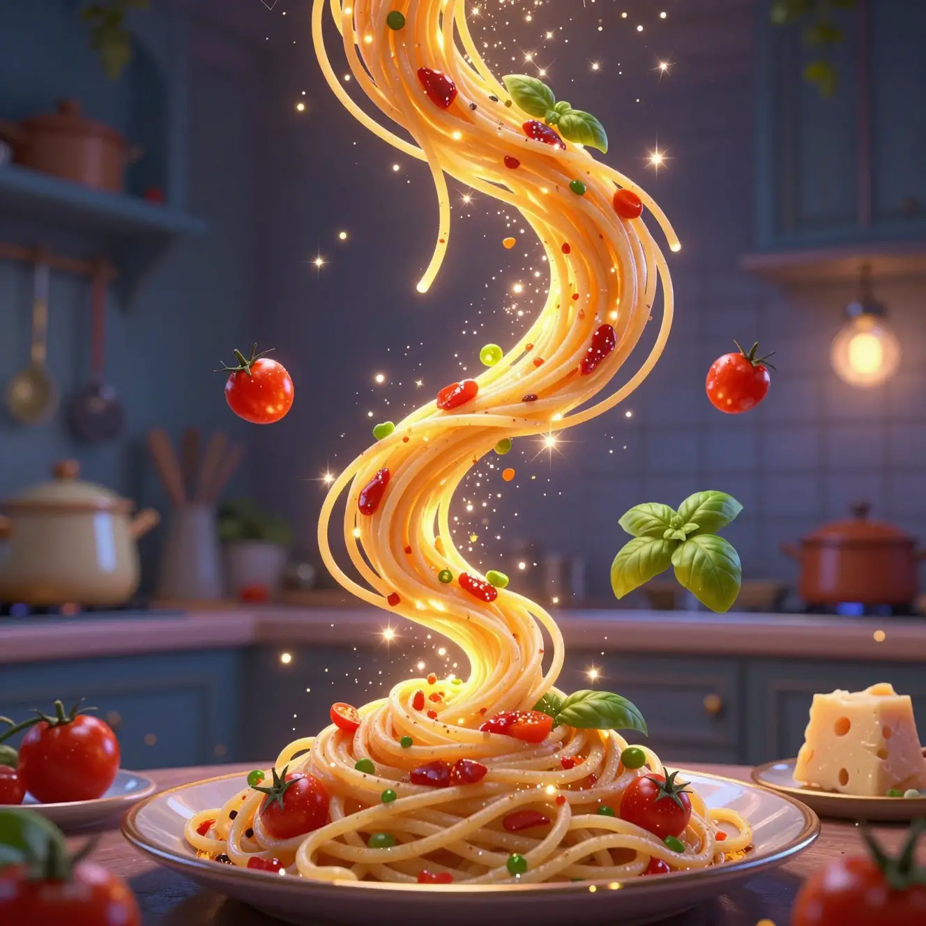 Magische Spaghetti wirbeln in einer leuchtenden Fantasieküche