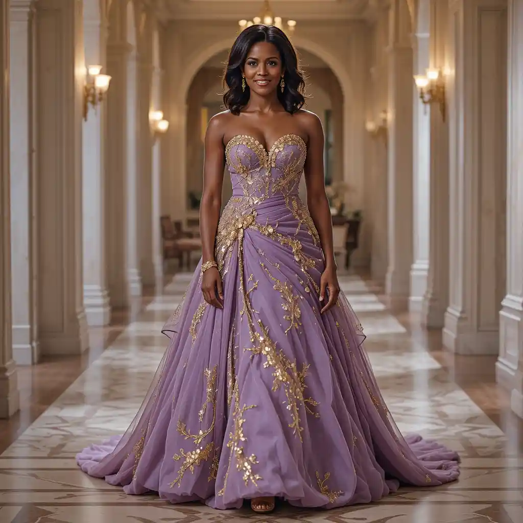Elegant woman in lavender ballroom gown in hotel hall