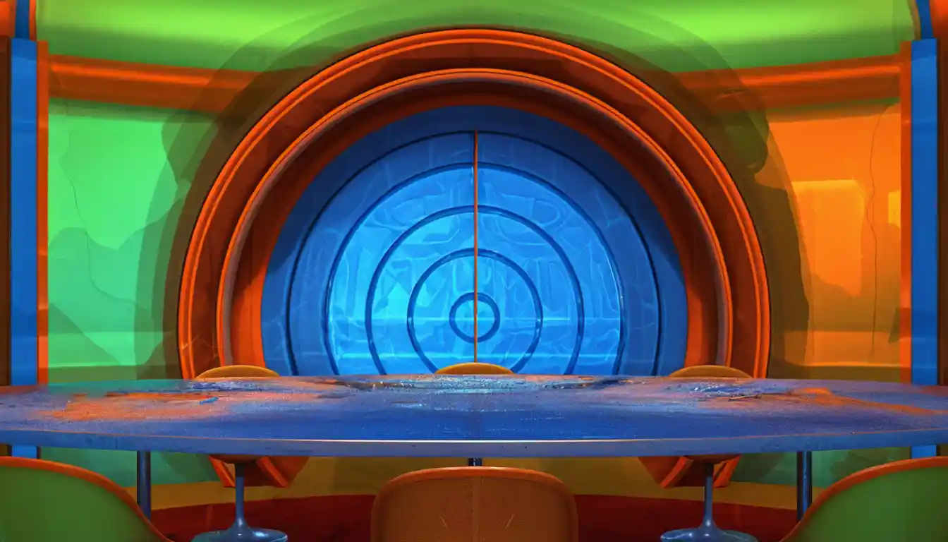 Studio TV retro-futuristico con tavolo blu e sedie arancioni