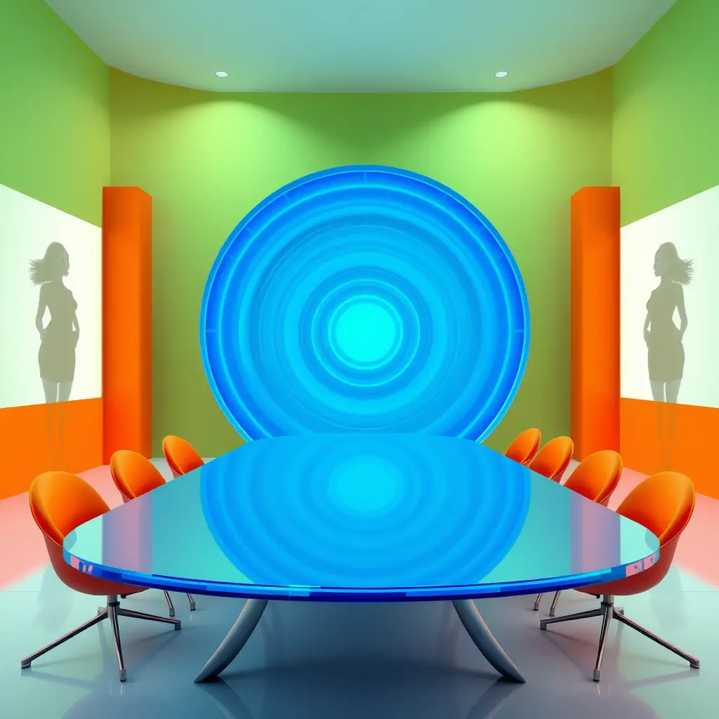 Retro futuristic blue tv studio with glossy oval desk