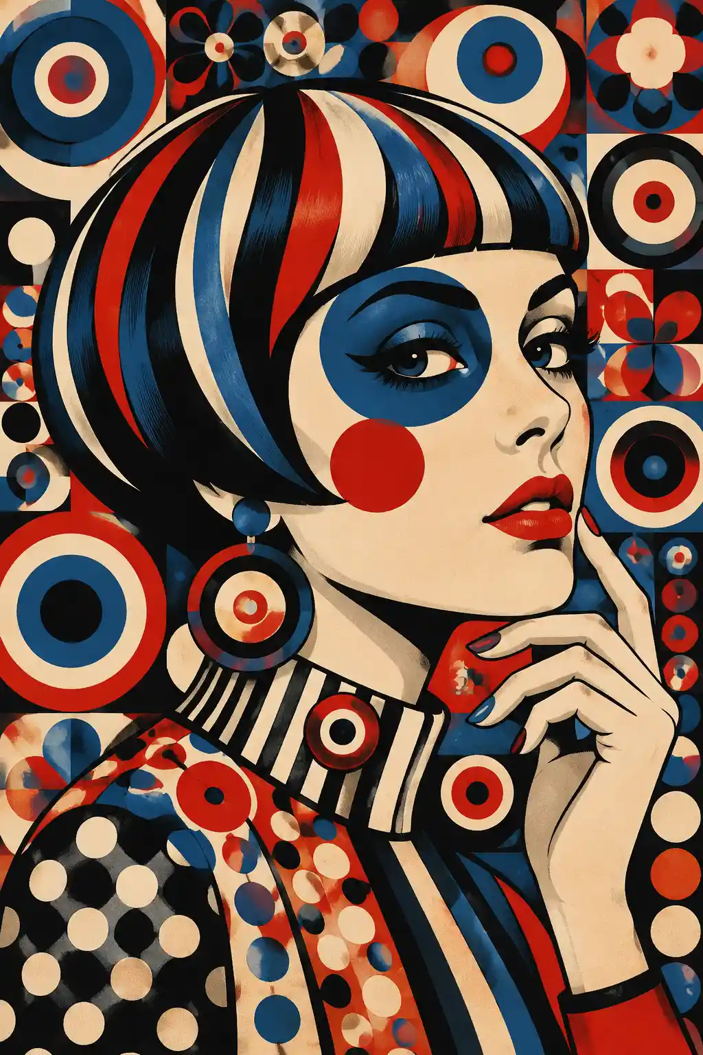 1960s mod woman portrait with bold graphic face paint