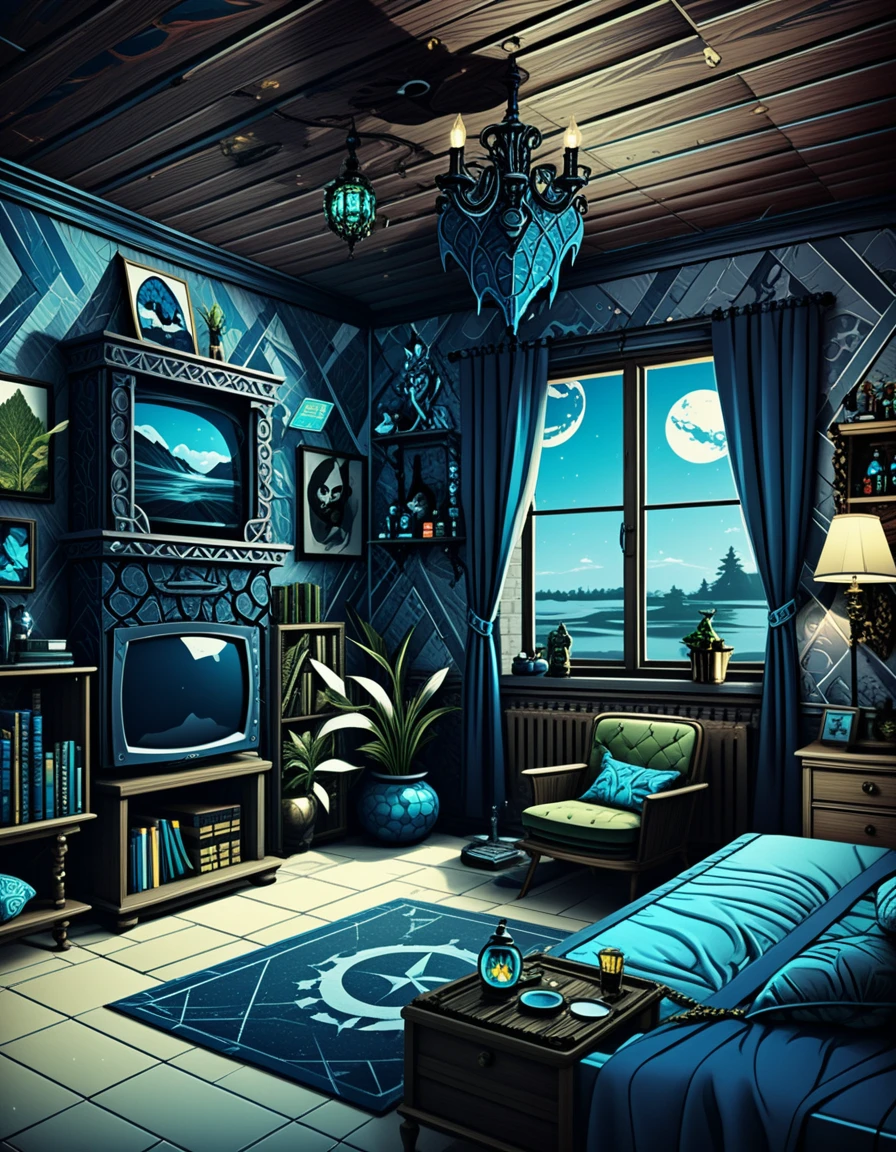 Moody eclectic 3D interior room with dramatic perspective
