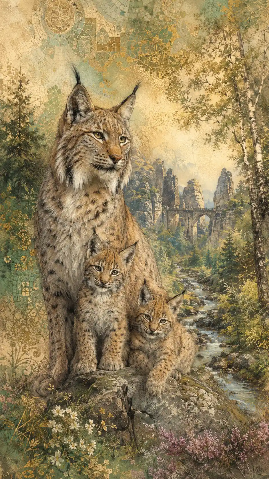 European lynx with two cubs on rocks in forest landscape