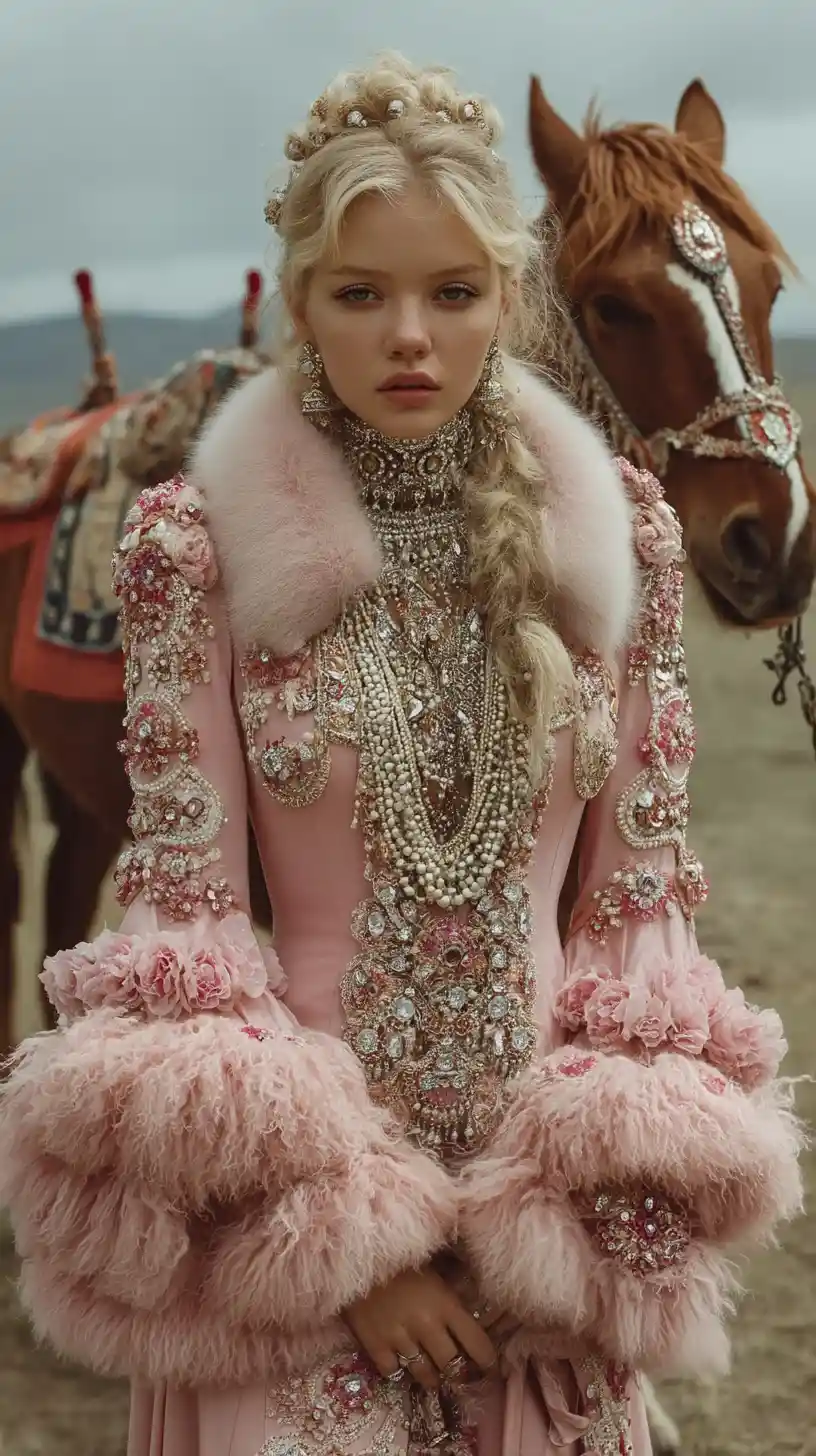 Young woman in pink coat on the Mongolian steppe
